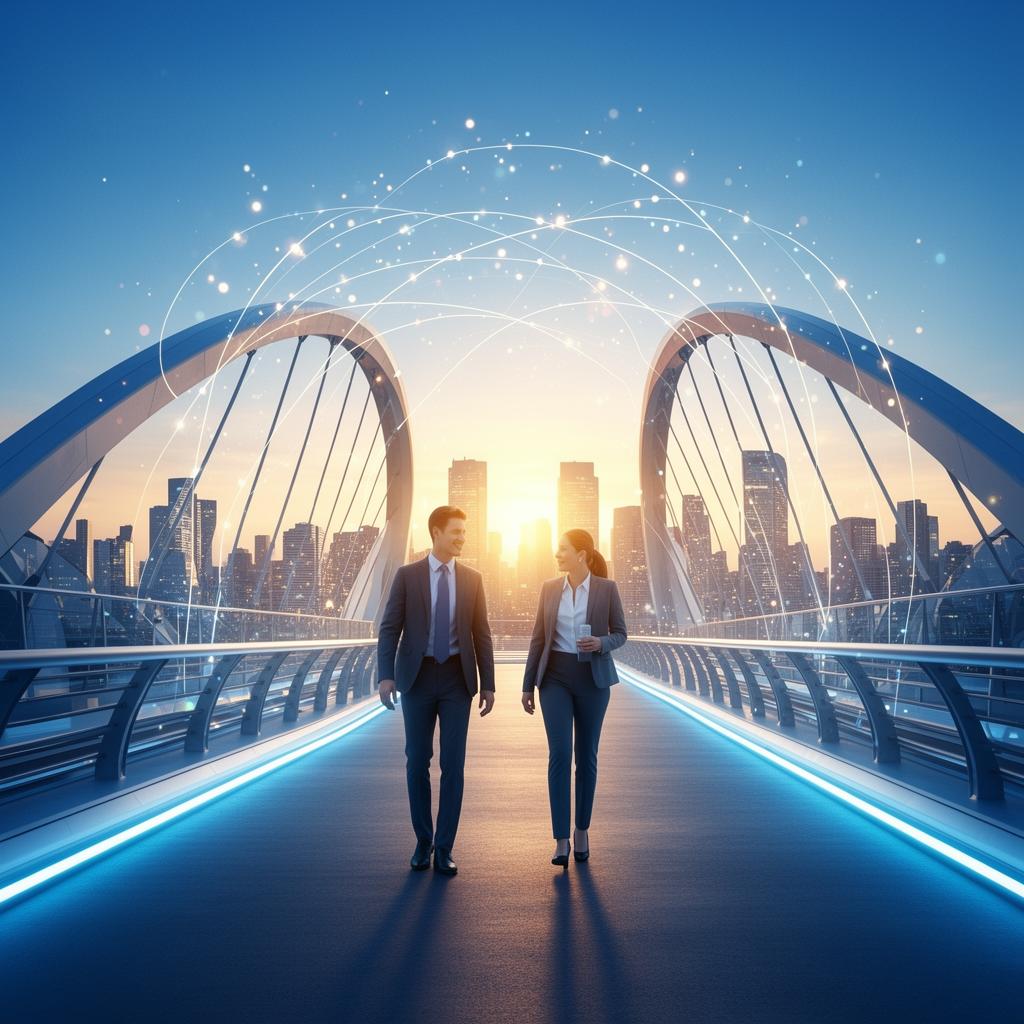 Two professionals walking across a bridge connecting to a city skyline